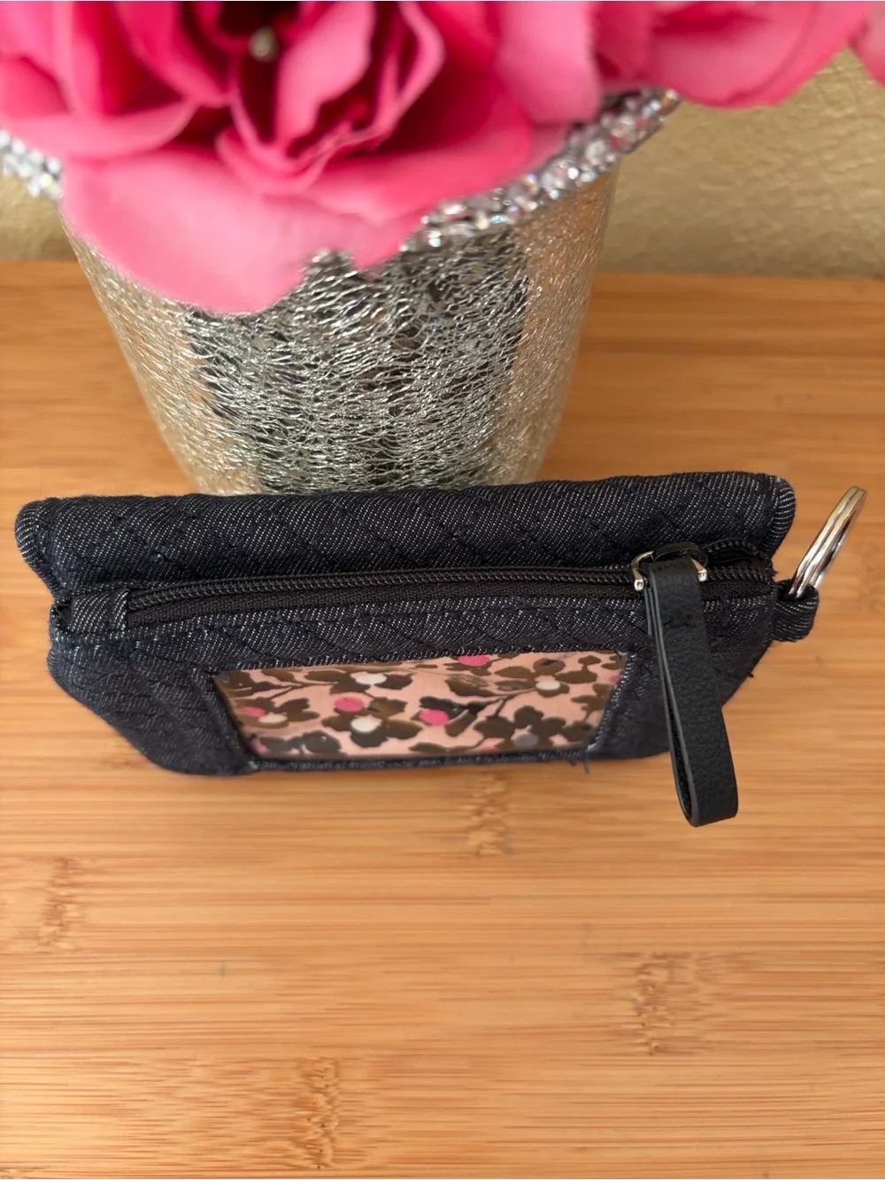 Vera Bradley Black Floral ID Coin Pouch with Pink Accents - Picture 6 of 10